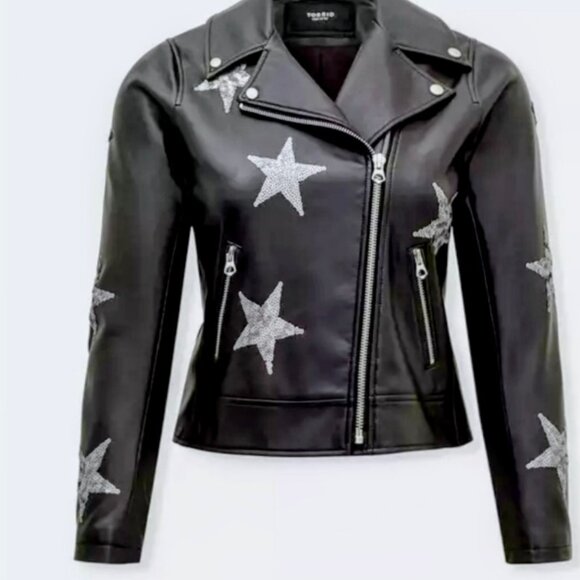 Black Sequin Stars Faux Leather Moto Jacket - Picture 5 of 5
